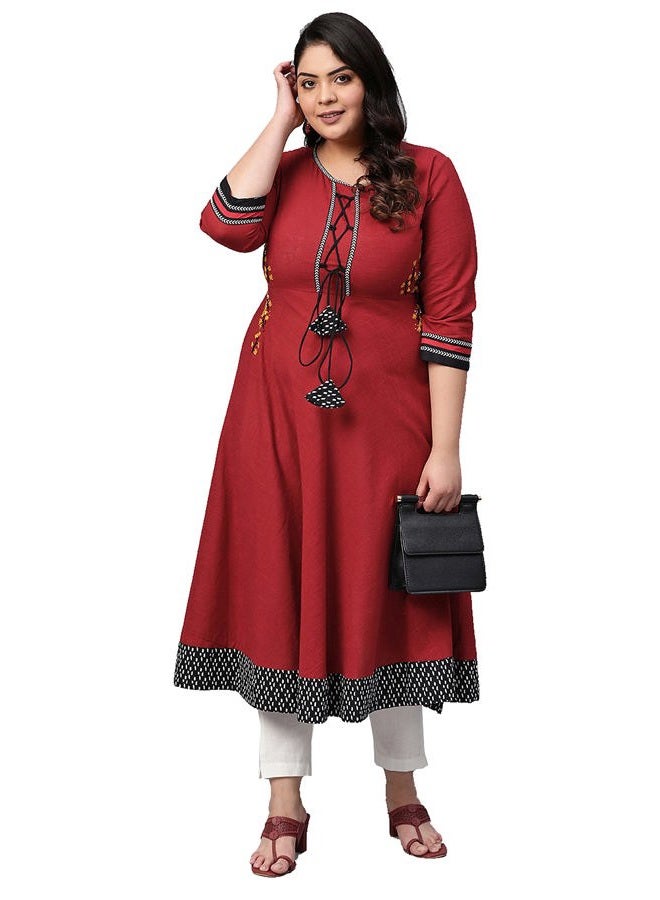 Yash Gallery Women's Cotton Slub Embroidered Anarkali Kurta (Xx-Large Red) - Image 2