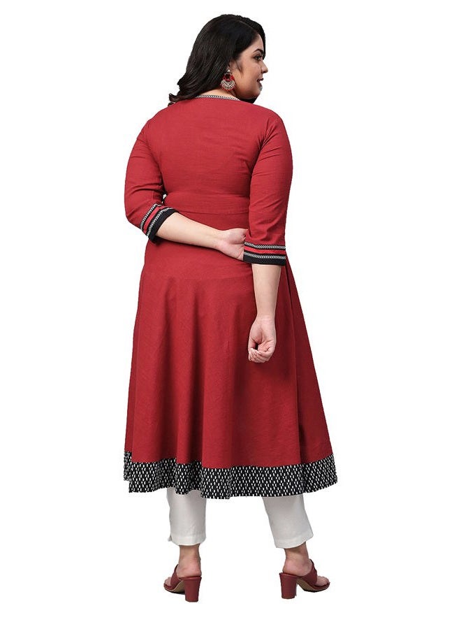 Yash Gallery Women's Cotton Slub Embroidered Anarkali Kurta (Xx-Large Red) - Image 4