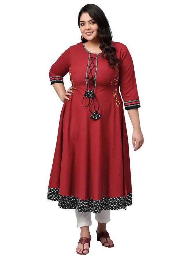 Yash Gallery Women's Cotton Slub Embroidered Anarkali Kurta (Xx-Large Red) - Image 1