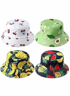 Unisex Print Bucket Hats, Cotton Beach Sun Hat for Women, Summer Travel Visor, Packable Hat, Outdoor Reversible Cap Women Men, Double Sides Wear, 4 Pack