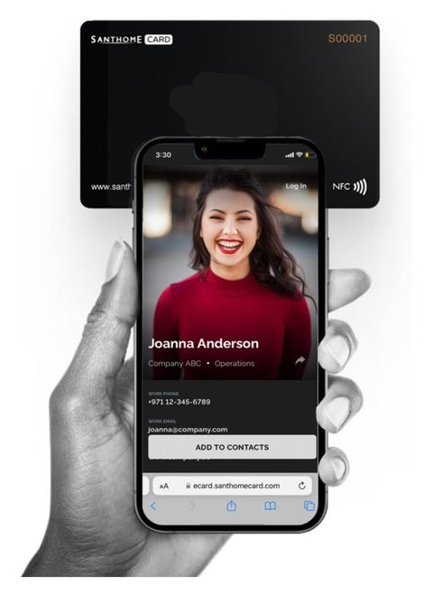 Digital Business Card by Santhome Smart Business card Black NFC Tap plus QR Code scan for Instant Contact Compatible with iOS and Android without app installation GDPR compliant