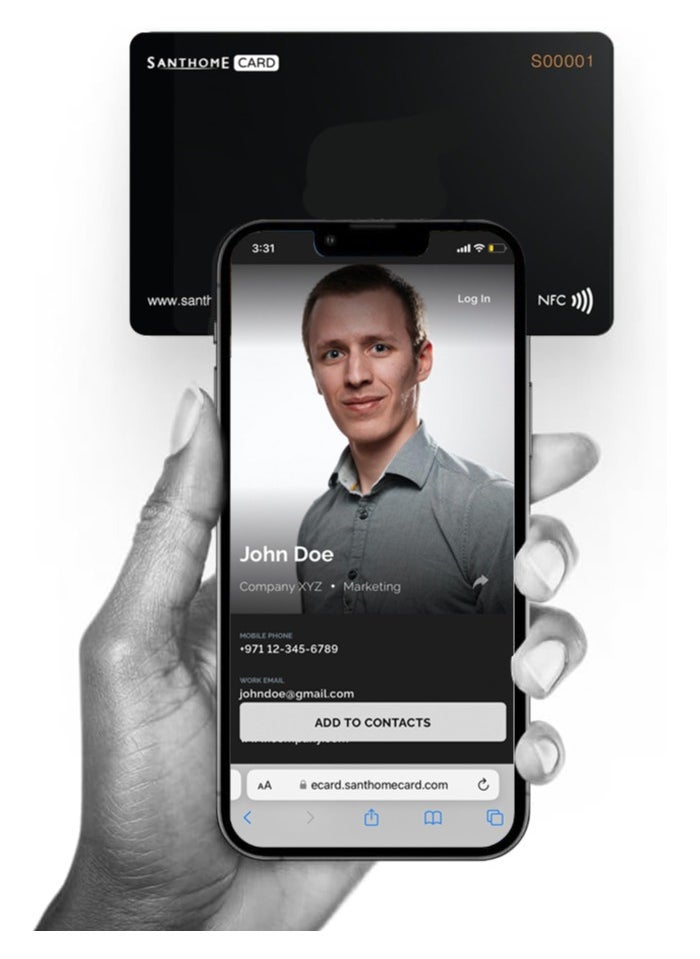 سانثوم - بطاقة عمل رقمية من Santhome بطاقة أعمال ذكية NFC Tap ومسح رمز الاستجابة السريعة للاتصال الفوري المتوافق مع iOS وAndroid بدون تثبيت التطبيق ومتوافق مع اللائحة العامة لحماية البيانات (GDPR) باللون الأسو - Image 1