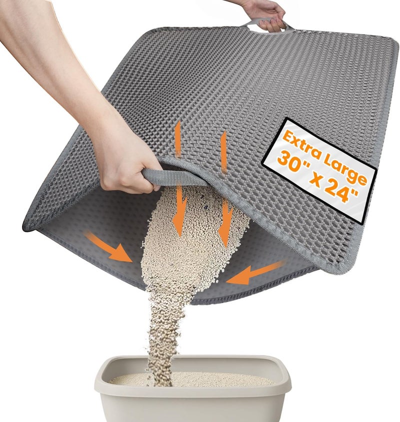 Polarduck Cat Litter Mat-30"X24" Large Litter Box Mat for Kitty, EVA Honeycomb Double Layer Design, Urine & Waterproof with Unique Handle, Less Waste, Easier To Clean,Non Slip, Gray - Image 1