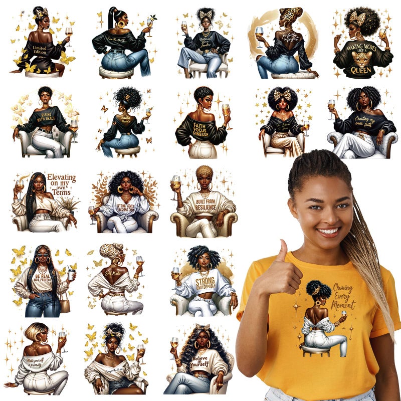 Shejdgart Dtf Transfers Ready to Press 20 Pcs African American Women Iron on Transfers for TShirts Black Girl Heat Transfer Vinyl Patches Decals for Clothes Bag Pillow DIY Decor
