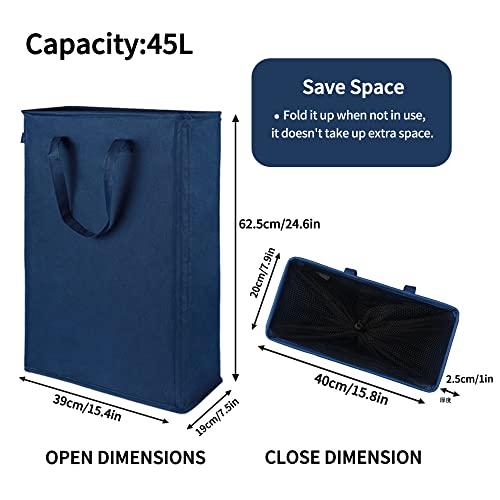 Odonata Slim Laundry Hamper Handles Collapsible Laundry Basket Thin Dirty Clothes Basket Narrow Laundry Bag Foldable Dirty Hamper 45L (Navy blue) - Image 2