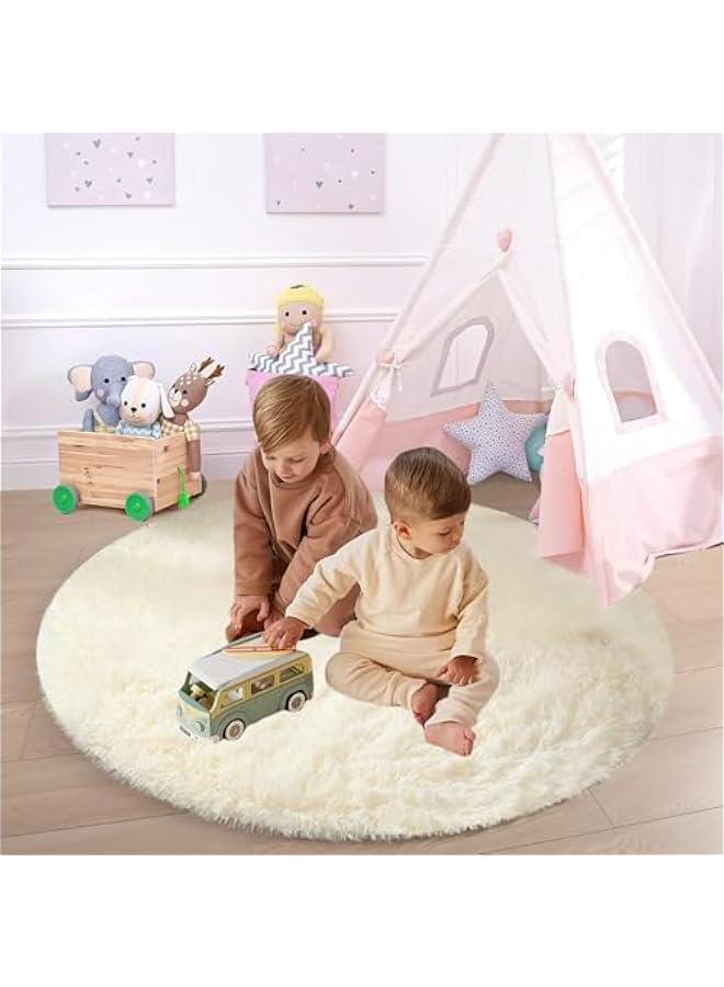 بيوينتي بانانا هوم سجادة دائرية لغرفة النوم، سجادة فرو دائرية منفوشة لغرفة البنات والاطفال، سجادة شاغي دائرية لغرفة الحضانة، سجادة قطيفة زغبية غير قابلة للانزلاق للسكن، ديكور غرفة الطفل (بيج، 120 سم) - Image 4