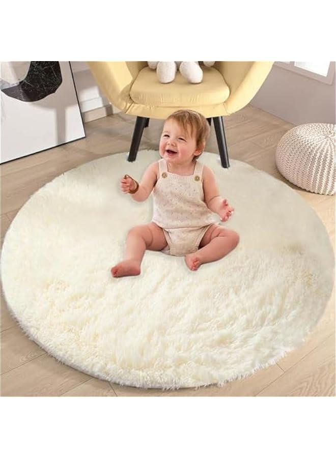 بيوينتي بانانا هوم سجادة دائرية لغرفة النوم، سجادة فرو دائرية منفوشة لغرفة البنات والاطفال، سجادة شاغي دائرية لغرفة الحضانة، سجادة قطيفة زغبية غير قابلة للانزلاق للسكن، ديكور غرفة الطفل (بيج، 120 سم) - Image 5