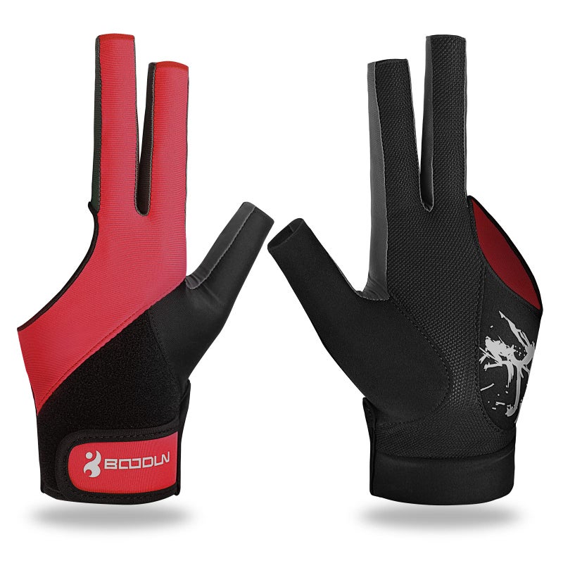 YFY Billiard Pool Gloves for Left Hand 3 Finger, Splicing Process, Snooker Cue Sport Glove Popular Sizes for Men & Women (Red, M - Image 1