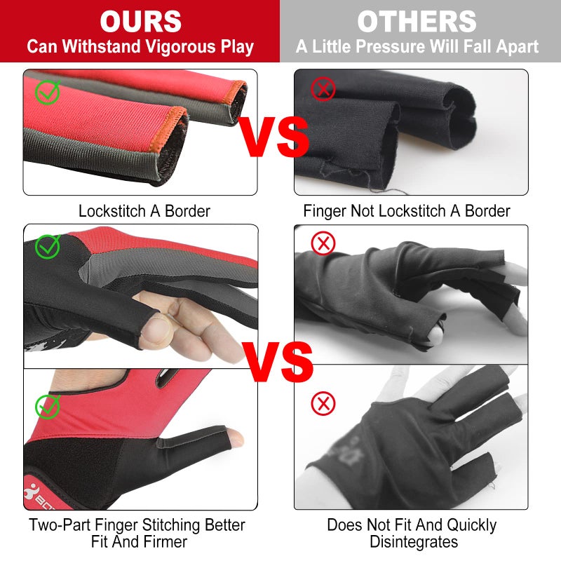 YFY Billiard Pool Gloves for Left Hand 3 Finger, Splicing Process, Snooker Cue Sport Glove Popular Sizes for Men & Women (Red, M - Image 3