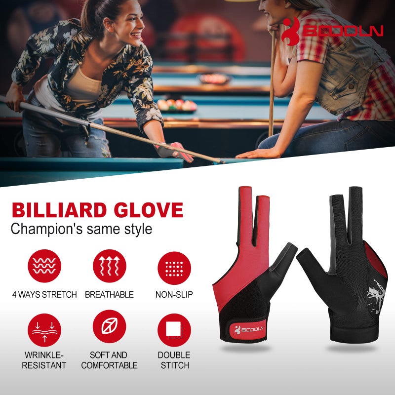 YFY Billiard Pool Gloves for Left Hand 3 Finger, Splicing Process, Snooker Cue Sport Glove Popular Sizes for Men & Women (Red, M - Image 2