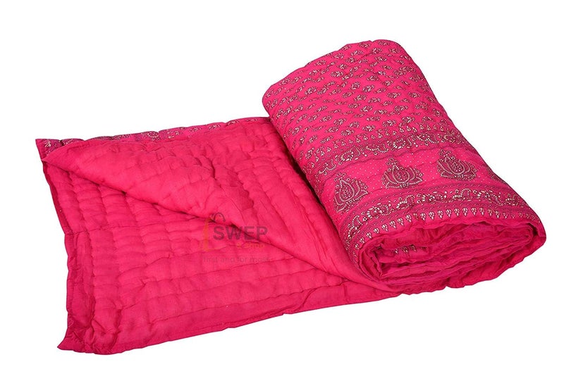 LOARSHY Pure Cotton Gold Printed Quilt | Lightweight and Warm Pink Jaipuri Rajasthani Bed Razai | Soft Razai for Winters | Beautiful Gift Item - Image 4