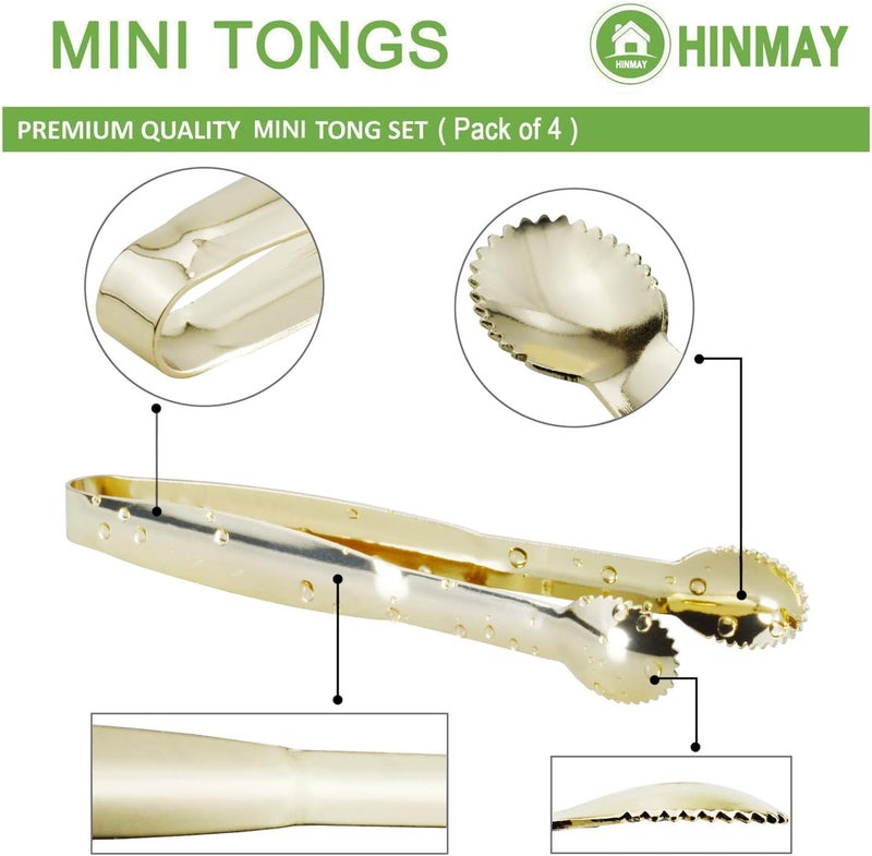 Hinmay 5.75" Mini Appetizer Tongs Set, Tiny Stainless Steel Small Tongs for Serving, Tea Party, Coffee Bar, Desserts, Set of 4 (Gold) - Image 3