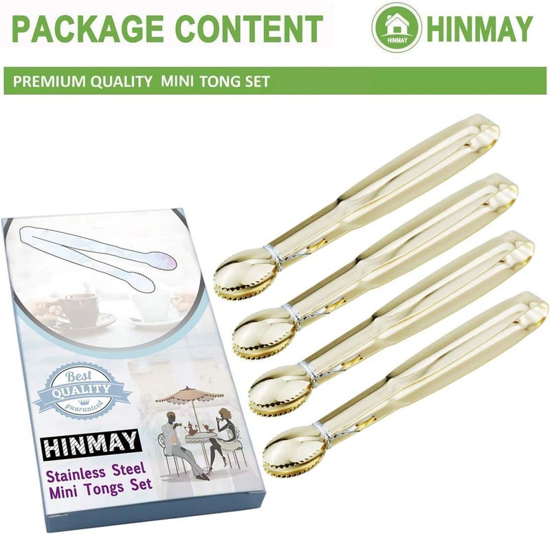 Hinmay 5.75" Mini Appetizer Tongs Set, Tiny Stainless Steel Small Tongs for Serving, Tea Party, Coffee Bar, Desserts, Set of 4 (Gold) - Image 2