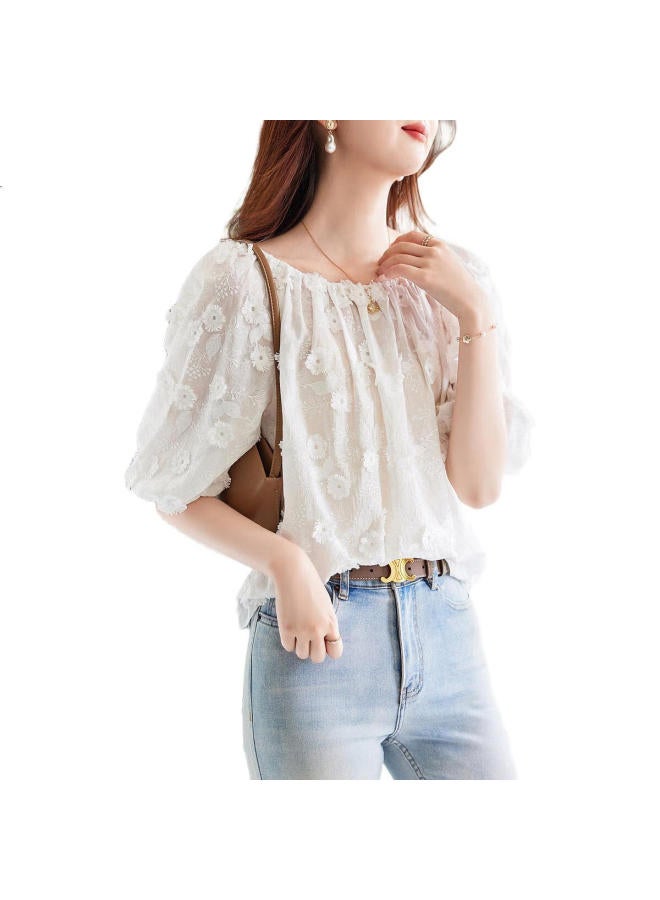 dme Literary Embroidered Shirt Summer Round Neck Mid-Sleeve Women'S Blouse White Xl - Image 2