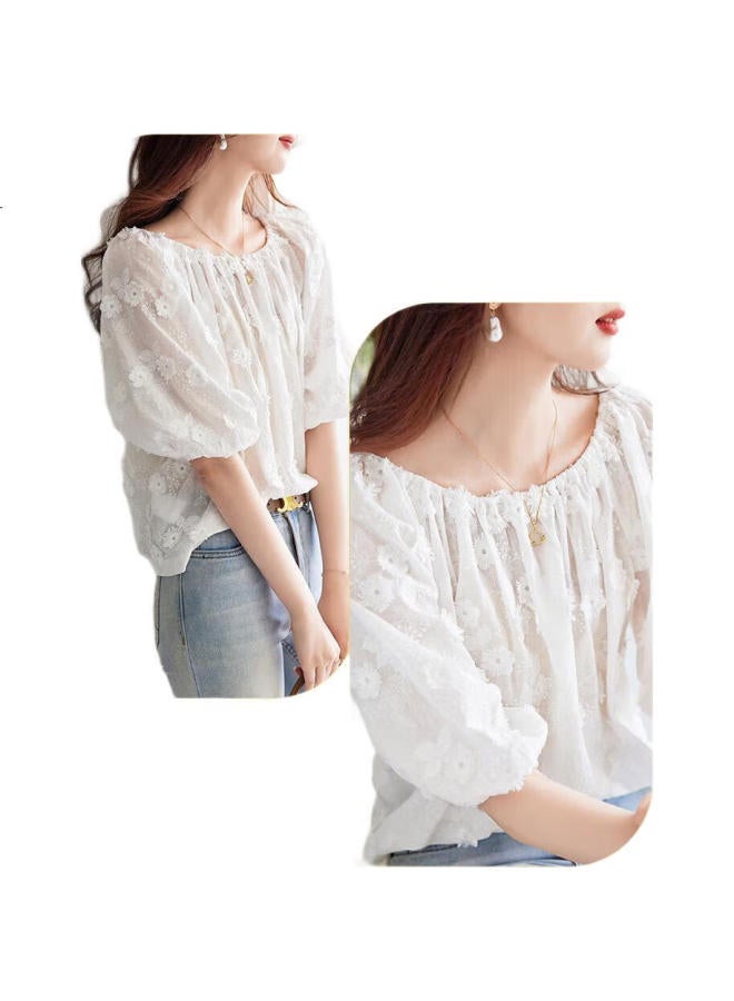 dme Literary Embroidered Shirt Summer Round Neck Mid-Sleeve Women'S Blouse White Xl - Image 3