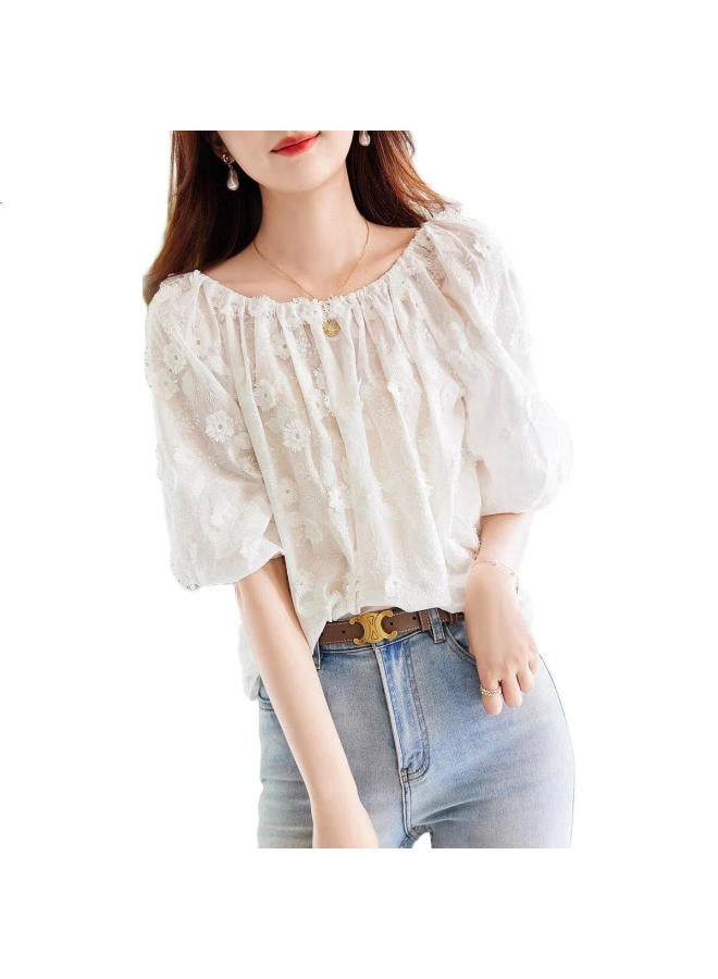 dme Literary Embroidered Shirt Summer Round Neck Mid-Sleeve Women'S Blouse White Xl - Image 1