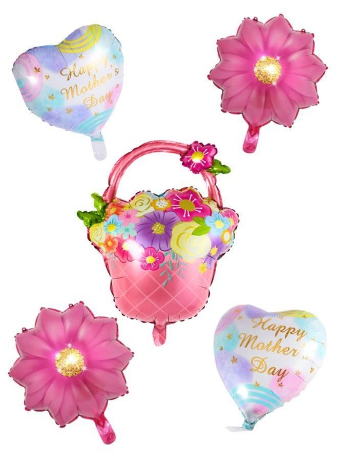 Happy Mothers Day and Decor Mothers Day Decorations for Party Set of 6 Multicolored Balloon, Flower, Heart and Basket Balloon(Pink) - Image 1