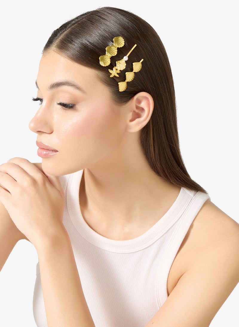 Ella Limited Edition 3PK Gold Metallic Hair Clips Seashell - Image 4