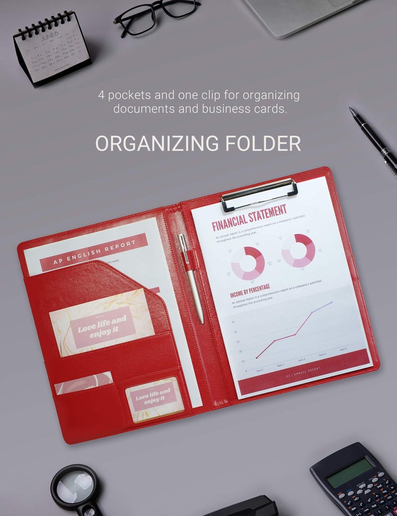 Mymazn Padfolio Clipboard Folder Portfolio, Faux Leather Storage Clipboard with Cover for Legal Pad Holder Letter Size A4 Writing Pad for Business School Office Conference Notepad Clip Boards (Red) - Image 3