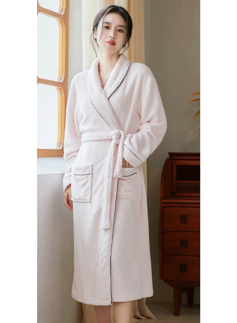 إسكدنيا النساء الشتاء طويلة سميكة اللباس الليلي اللباس المخملي رداء حمام بيجاما لون وردي شاحب - Image 1