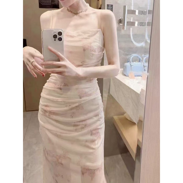 Pure Desire Style Mesh Printed Sling dress Pleated Design Slim-fit Slimming Inner Wearing Elegant Fairy Dress Picture color 