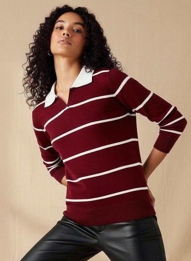 2Xtremz Regular Fit Striped Collared Tricot Sweater - Image 1