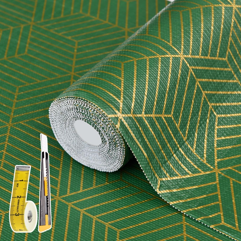 Kimhan Shelf Liners for Kitchen Cabinets 12in x 20FT, Non Adhesive Cabinet Liner Strong Non-Slip Thickened Gold Green Geometric Drawer Liner, Easy to Clean for Shelf, Cabinet with Knife and Tape Measure - Image 1