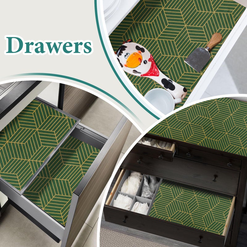 Kimhan Shelf Liners for Kitchen Cabinets 12in x 20FT, Non Adhesive Cabinet Liner Strong Non-Slip Thickened Gold Green Geometric Drawer Liner, Easy to Clean for Shelf, Cabinet with Knife and Tape Measure - Image 5