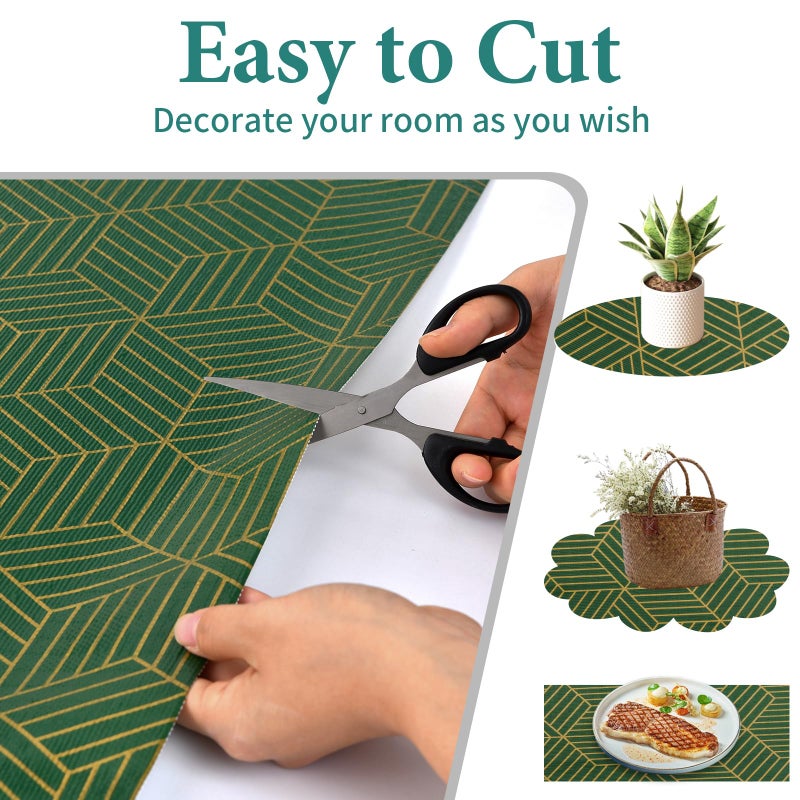 Kimhan Shelf Liners for Kitchen Cabinets 12in x 20FT, Non Adhesive Cabinet Liner Strong Non-Slip Thickened Gold Green Geometric Drawer Liner, Easy to Clean for Shelf, Cabinet with Knife and Tape Measure - Image 4