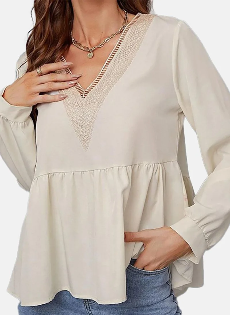 YUNIQEE Beige Solid Relaxed Long Sleeve Top