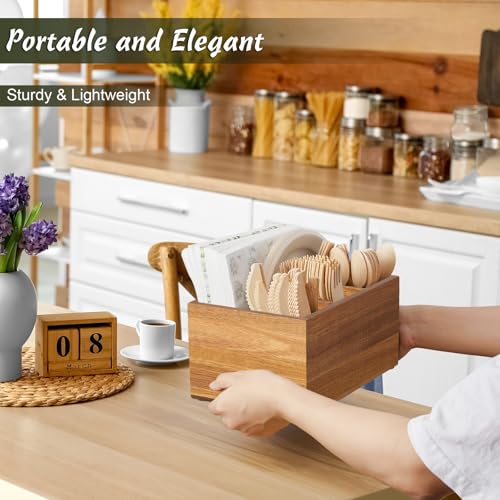 DRASTAR Utensil Caddy, Silverware Caddy for Party, Acacia Wood Silverware Holder, Silverware Organizer Countertop, Cutlery Storage Containers for Kitchen Table - Image 2