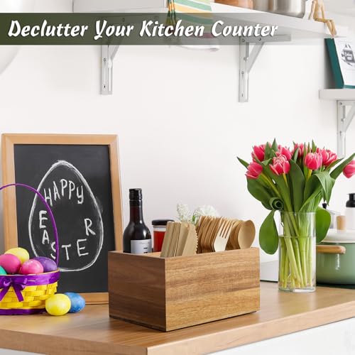 DRASTAR Utensil Caddy, Silverware Caddy for Party, Acacia Wood Silverware Holder, Silverware Organizer Countertop, Cutlery Storage Containers for Kitchen Table - Image 5