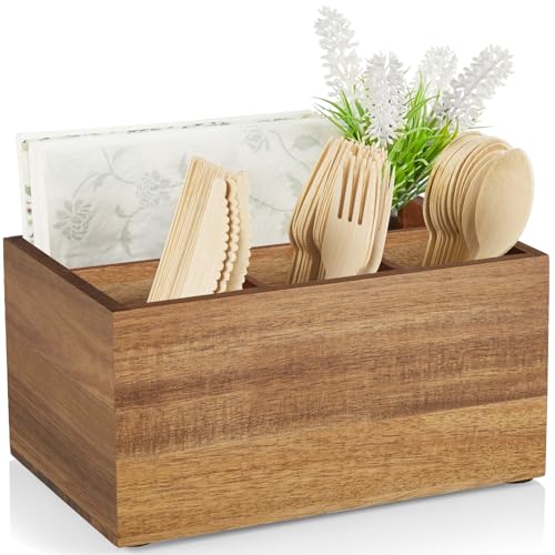 DRASTAR Utensil Caddy, Silverware Caddy for Party, Acacia Wood Silverware Holder, Silverware Organizer Countertop, Cutlery Storage Containers for Kitchen Table - Image 1