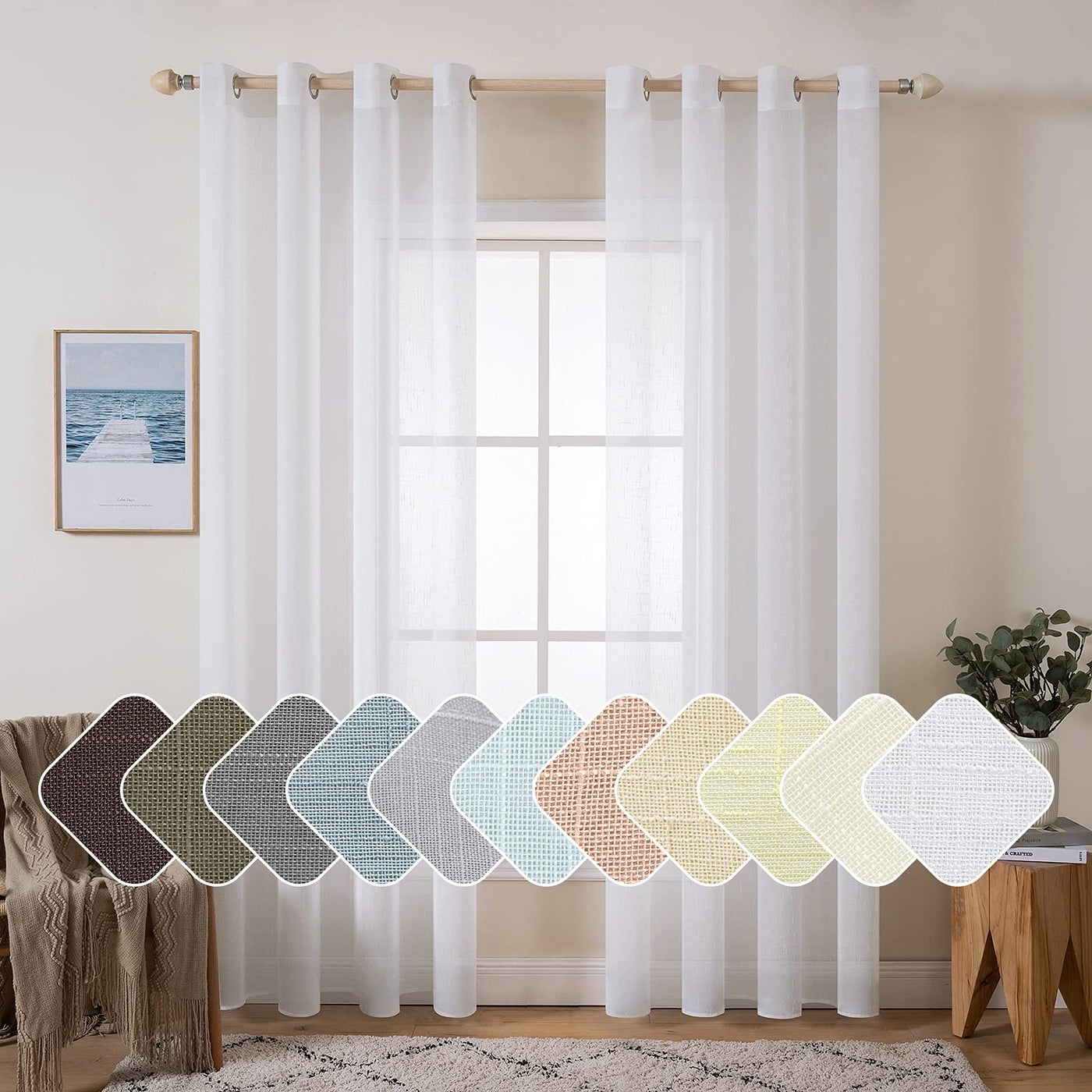 MIULEE Linen Sheer Curtains 108 Inch Long Elegant Solid Natural White Drapes Grommet Top Window Voile Panels Linen Textured Panels for Bedroom Living Room (52X108 Inch)