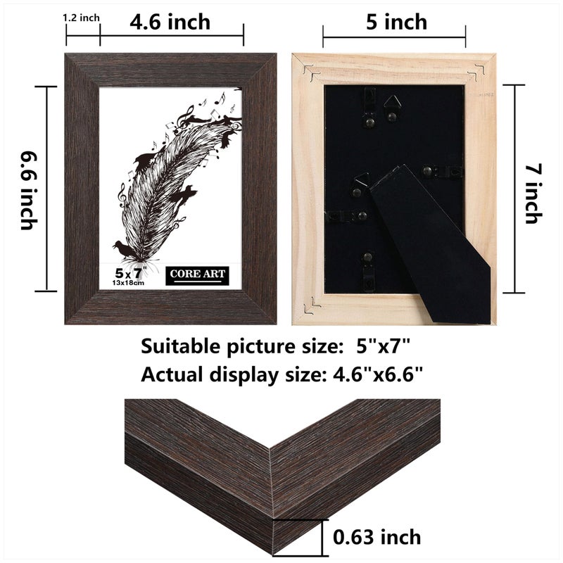 CORE ART 5x7 Picture Frame  Handmade Wood Rustic Brown Photo Frame Set of 2  High Definition Semi-tempered Glass Wall or Tabletop Display - Image 2