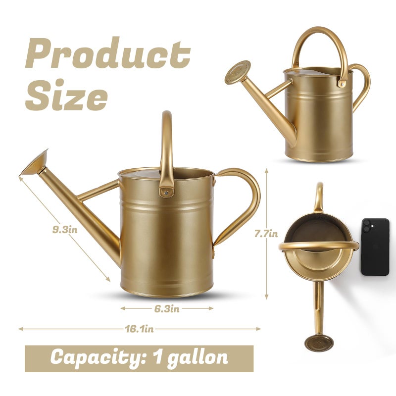 Stdemarzo 1 Gallon Watering Can for Plants, Watering Cans for Indoor&Outdoor Gardening, Galvanized Steel Watering Pot with Removable Spout, Metal Water Can with Ergonomic Movable Handle(Gold) - Image 3