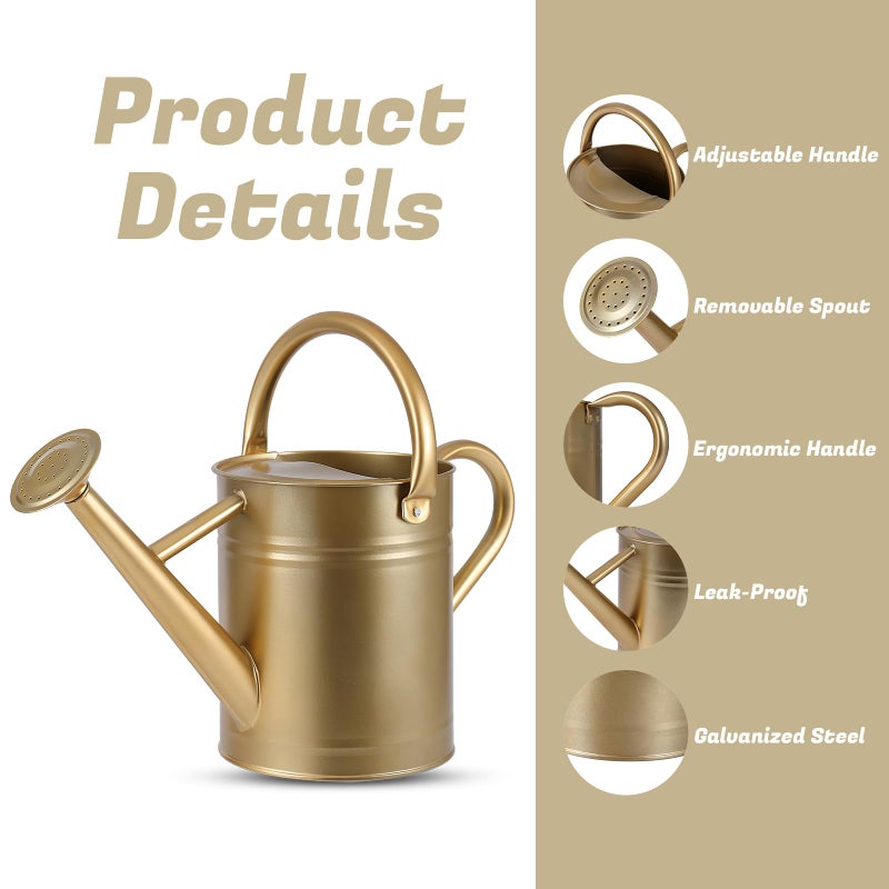 Stdemarzo 1 Gallon Watering Can for Plants, Watering Cans for Indoor&Outdoor Gardening, Galvanized Steel Watering Pot with Removable Spout, Metal Water Can with Ergonomic Movable Handle(Gold) - Image 4