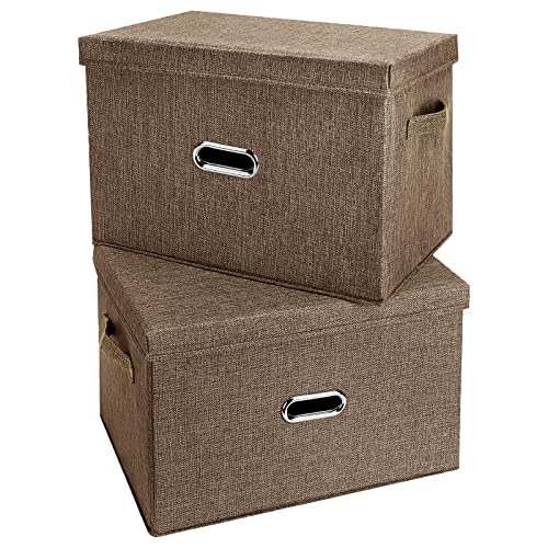 Valease Large Linen Fabric Foldable Storage Bins with Removable Lid and Handles, Washable Storage Box Organizer Containers Baskets Cube with Cover for Bedroom,Closet,Office (Coffee, Medium(2-Pack)) - Image 1