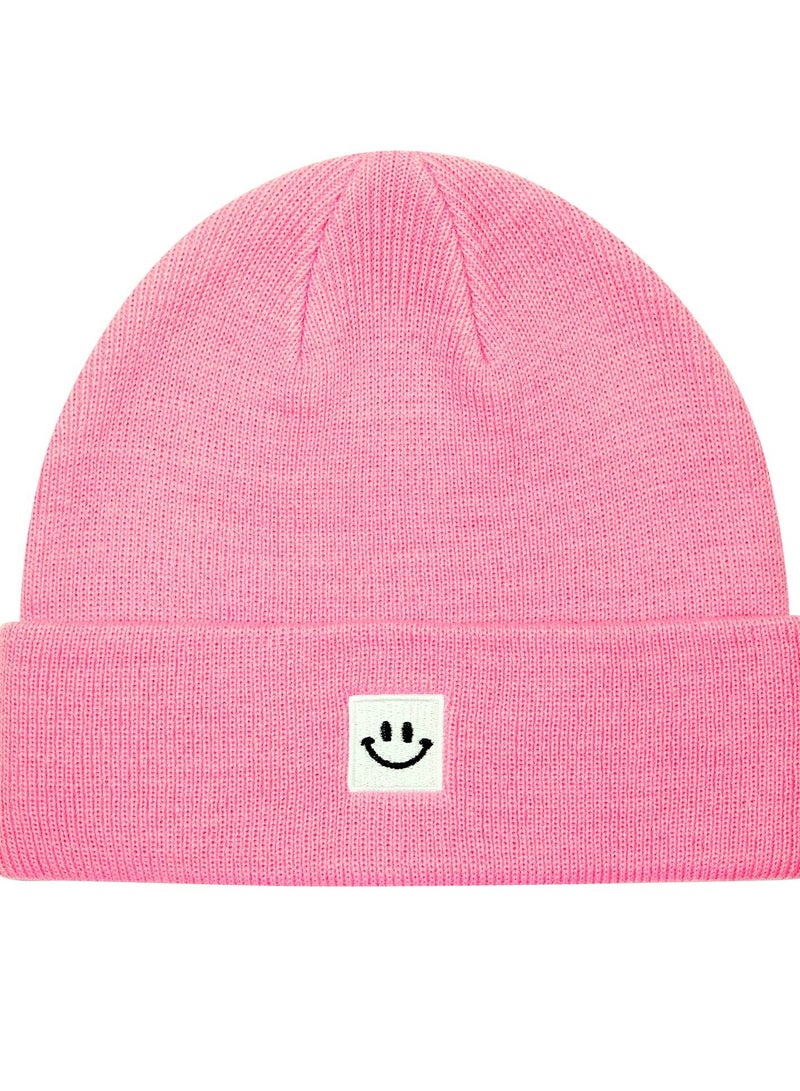 Smile Face Winter Beanie Hats for Men and Women Stretchy Warm Thick Soft Cap Slouchy Knit Hats (Green+Pink)  - Image 4