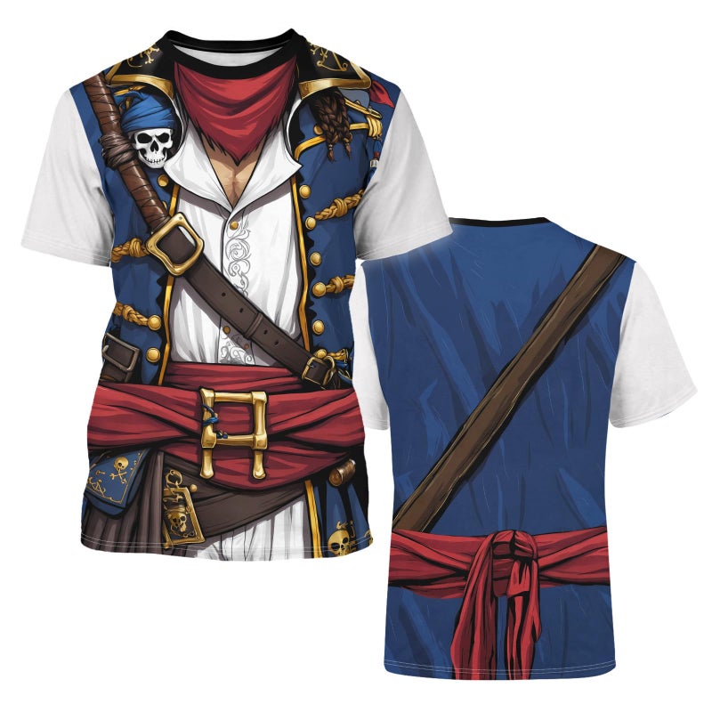 THE PIRATE KING Anime Pirate Captain T-Shirt Funny Cosplay Costume Knight Tee Crewneck Short Sleeve Casual Top Unisex Blue - Image 5