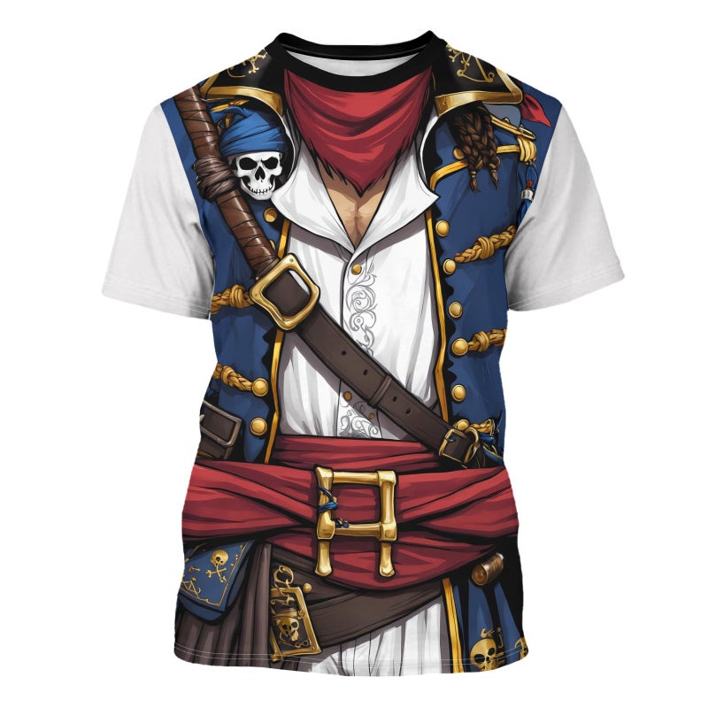 THE PIRATE KING Anime Pirate Captain T-Shirt Funny Cosplay Costume Knight Tee Crewneck Short Sleeve Casual Top Unisex Blue - Image 1