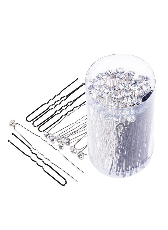findTop 80 Pack White Crystal Rhinestone Hair Pins & U Shape Hairpins, findTop Wedding Hair Clips Professional Hairdressing Grip Clip with Storage Bottle (40 Pcs Crystal Pins & 40 Pcs U Shape Pins ) - Image 1