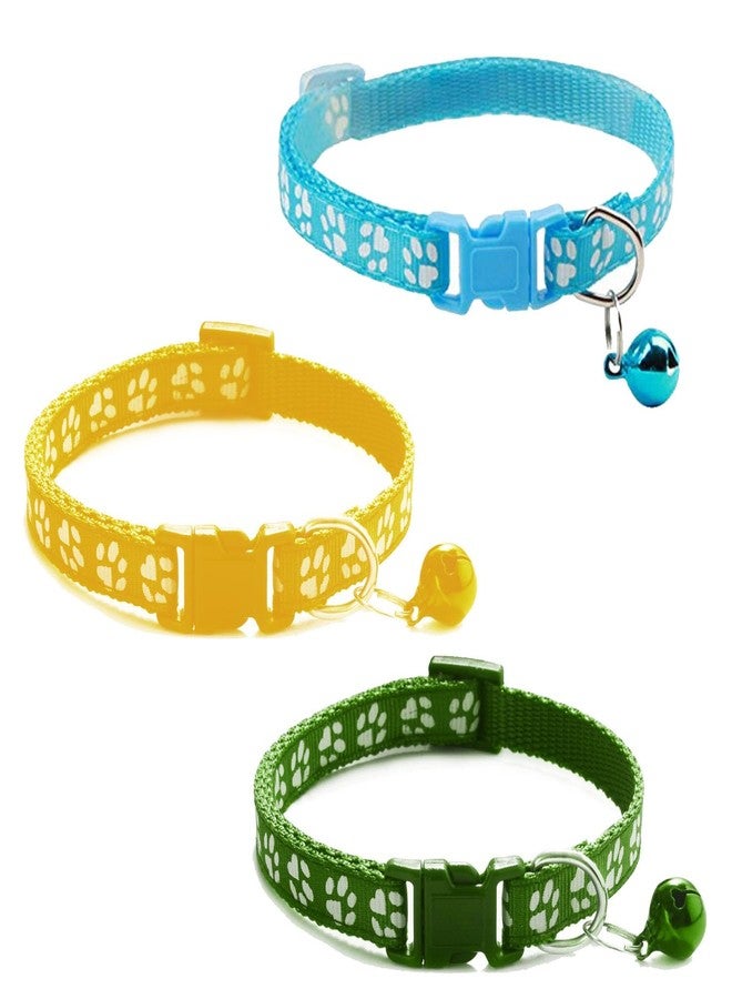 Litvibes Cat Collars Set Of 3 With Bell,Kitten & Small Dogs Soft Adjustable Collar Safe,Solid & Protection Breakaway For Cats & Puppy,Cute Kitty Neckband With Paw Print- (Yellow,Light Blue,Dark Green) - Image 1