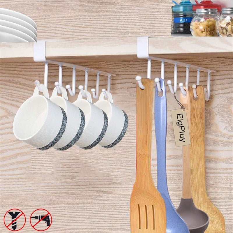EigPluy 2pcs Under Shelf Mug Rack - Free Drilling Coffee Cups Holder, Key Ties Belts & Scarf Hanging Hooks - Fits Cabinet 0.8" or Less - Image 1