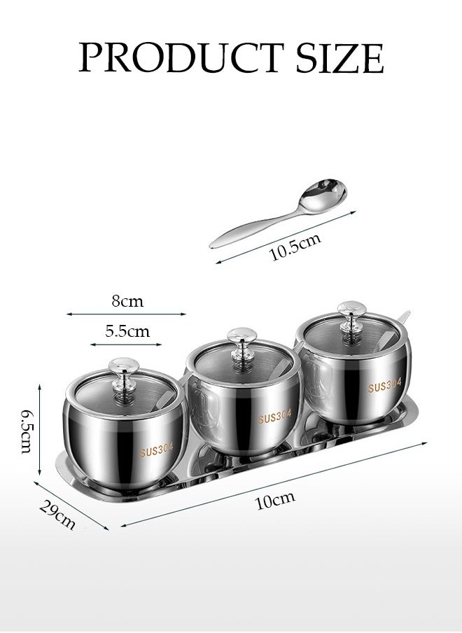 DUNISO 3 Pcs Stainless Steel Seasoning Jar Set, Multifunctional Seasoning Box, Food Storage Container, Equipped With Spoon, Lid, And Tray, Resistant To Falling And Rust, Suitable For Storing Salt, Sugar, And Spices, 250ml  - Image 2
