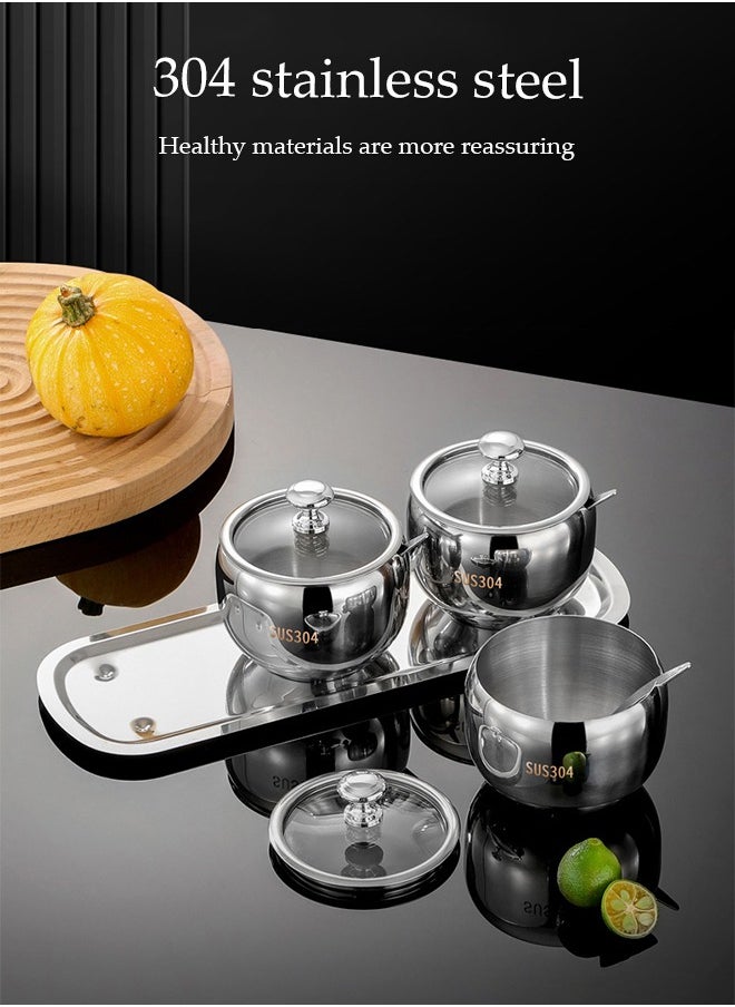 DUNISO 3 Pcs Stainless Steel Seasoning Jar Set, Multifunctional Seasoning Box, Food Storage Container, Equipped With Spoon, Lid, And Tray, Resistant To Falling And Rust, Suitable For Storing Salt, Sugar, And Spices, 250ml  - Image 4