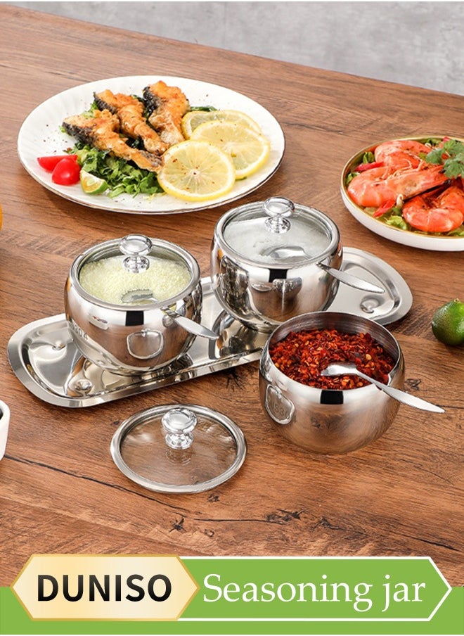 DUNISO 3 Pcs Stainless Steel Seasoning Jar Set, Multifunctional Seasoning Box, Food Storage Container, Equipped With Spoon, Lid, And Tray, Resistant To Falling And Rust, Suitable For Storing Salt, Sugar, And Spices, 250ml  - Image 1