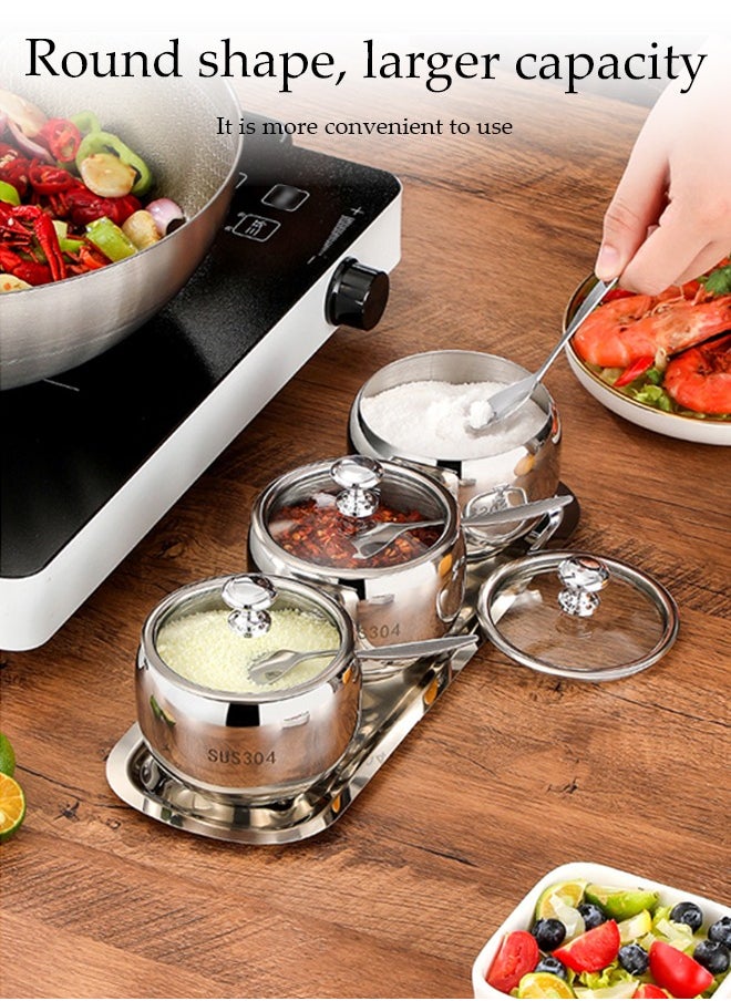 DUNISO 3 Pcs Stainless Steel Seasoning Jar Set, Multifunctional Seasoning Box, Food Storage Container, Equipped With Spoon, Lid, And Tray, Resistant To Falling And Rust, Suitable For Storing Salt, Sugar, And Spices, 250ml  - Image 5