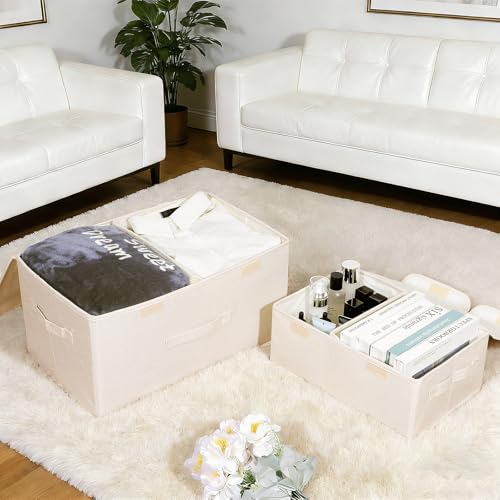 Valease 2 Pack Storage Boxes with Lids and Handles, Collapsible Linen Storage Bins Organizer Containers Baskets Cube with Removable Divider for Home Bedroom Closet Office (Cream, Large) - Image 4