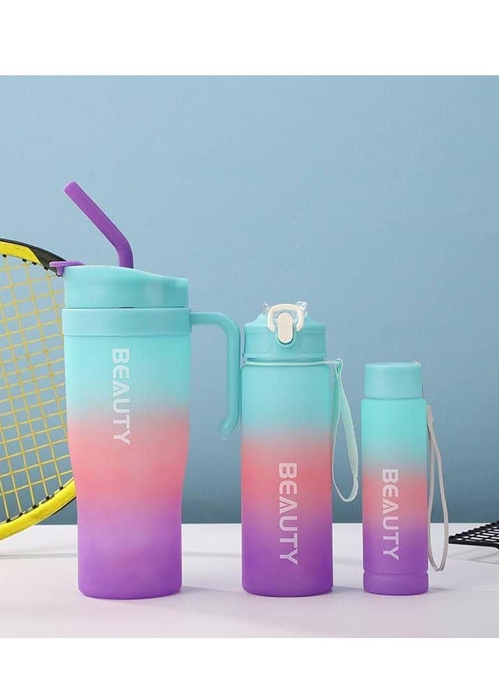 Gradient Sports Water Bottles Set 3Pcs Portable Gradient Color Large Outdoor Fitness Camping Party Spill Proof School Supplies Birthday Multicolor Random - Image 2